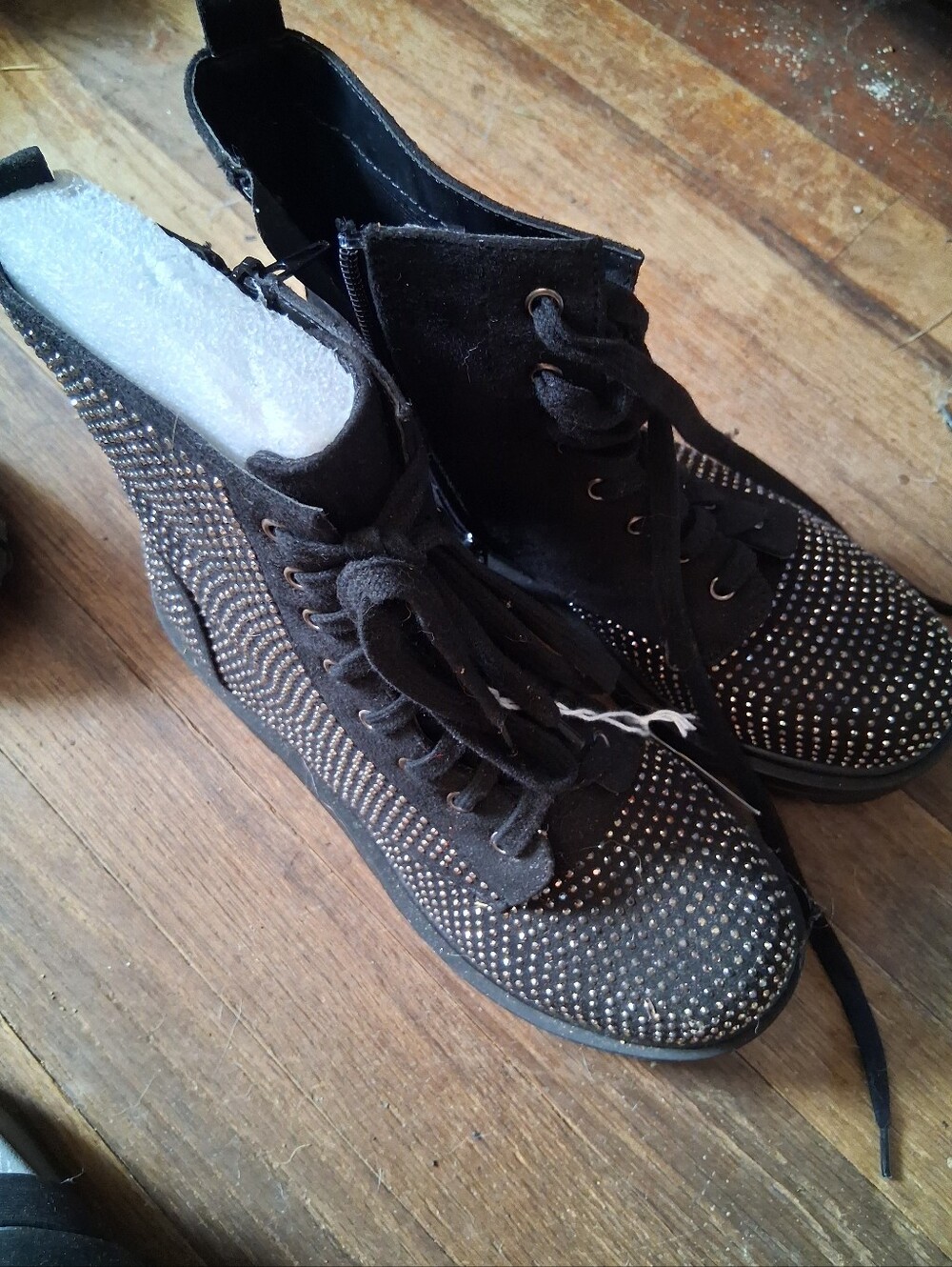 Womens Black Suede High-Top Sneakers with Crystal Accents